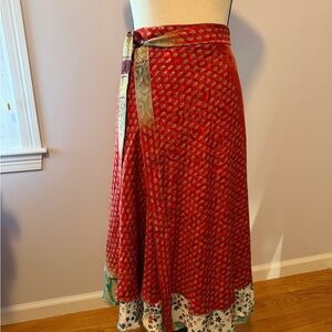 Reversible tea length wrap skirt made from recycled traditional sari fabric